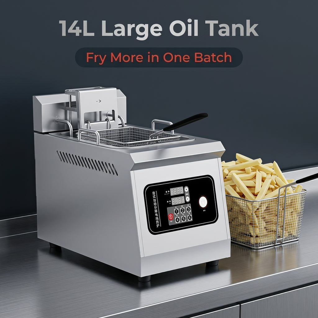 Commercial 14L Auto Lift Electric Deep Fryer, Digital Precision Temperature Control Countertop Stainless Steel Fryer