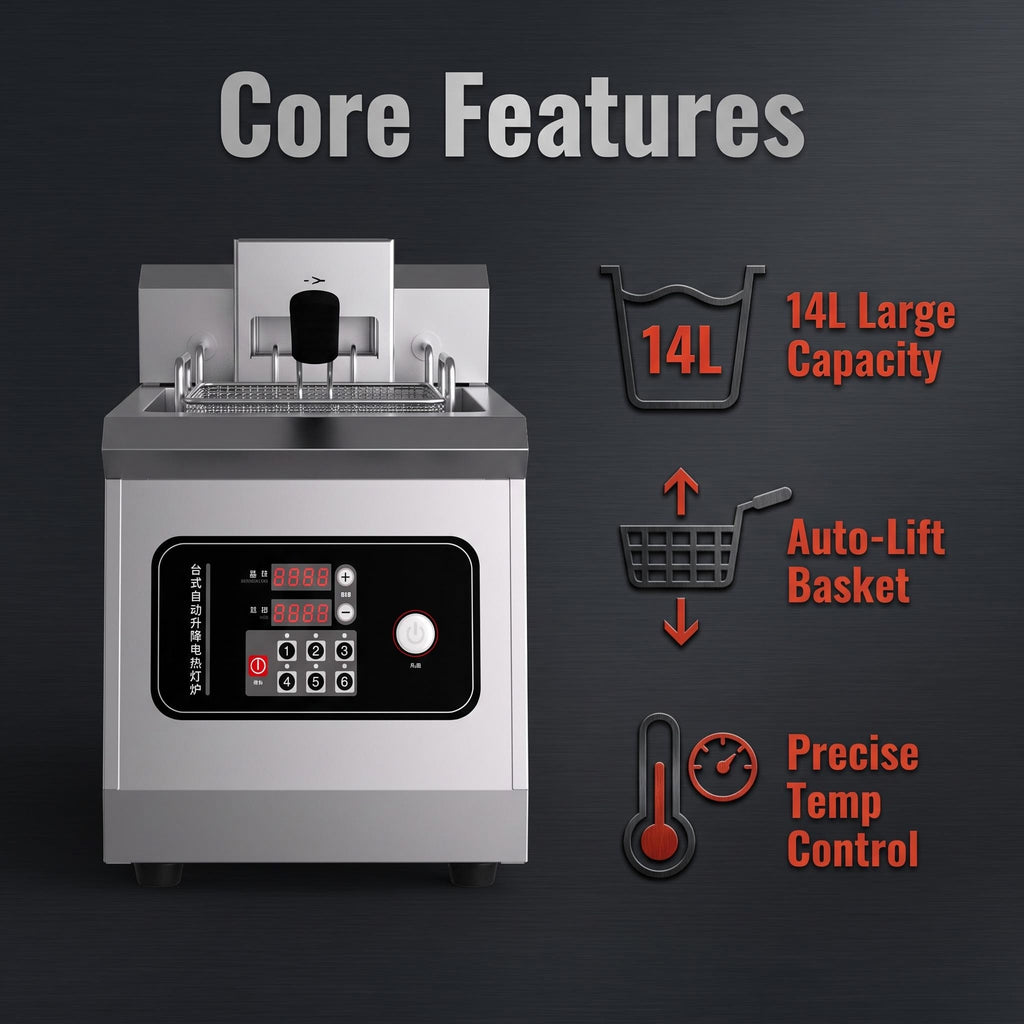 Commercial 14L Auto Lift Electric Deep Fryer, Digital Precision Temperature Control Countertop Stainless Steel Fryer