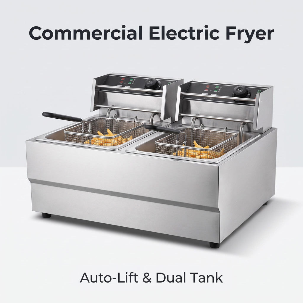 Desktop Commercial Double Cylinder Auto Lift Electric Deep Fryer, Independent Temp Control 14L*2