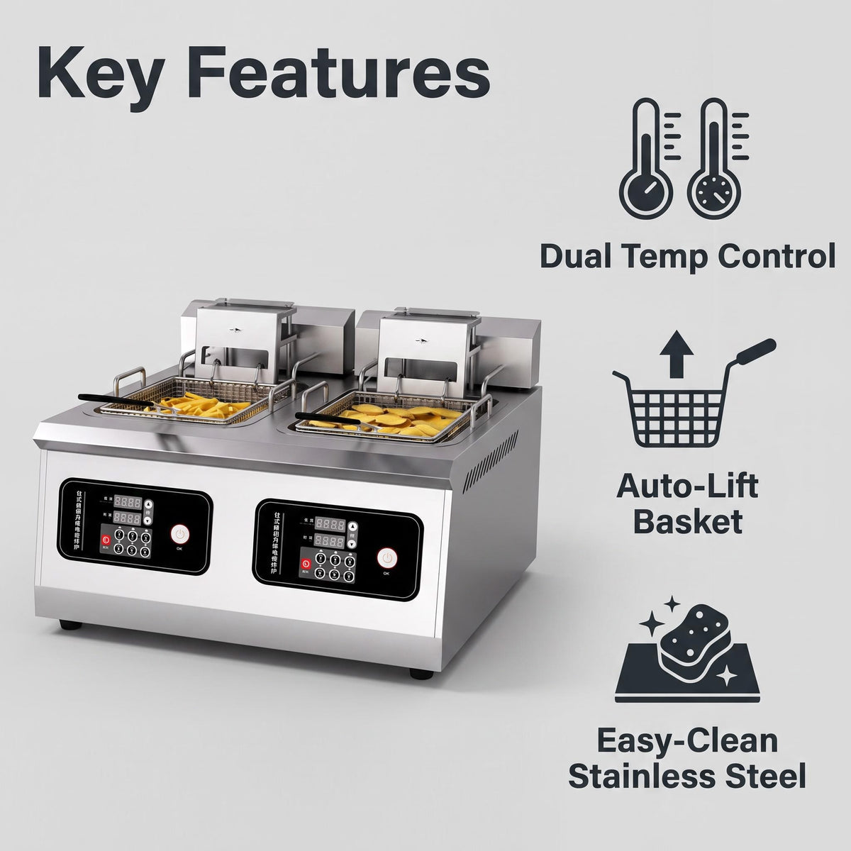 Desktop Commercial Double Cylinder Auto Lift Electric Deep Fryer, Independent Temp Control 14L*2