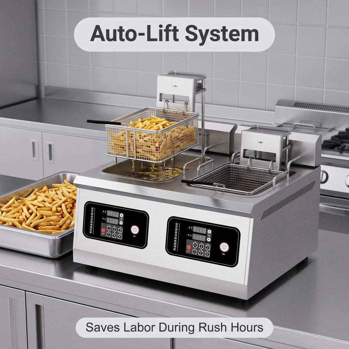 Desktop Commercial Double Cylinder Auto Lift Electric Deep Fryer, Independent Temp Control 14L*2