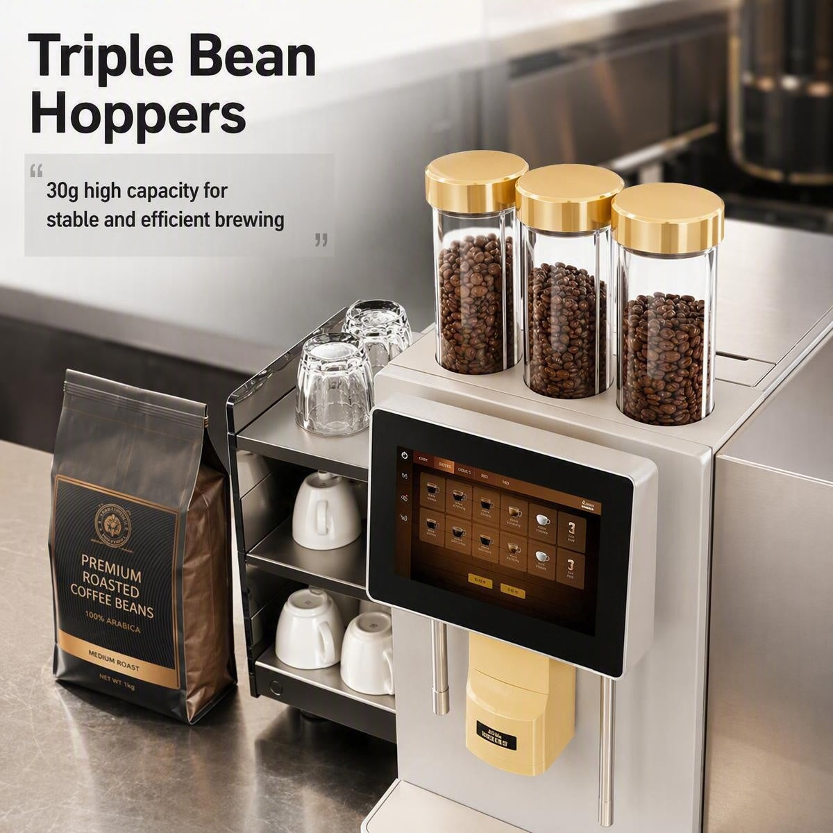 QA800 Series Smart Commercial Freshly Ground Coffee Machine with 3 Large 30g Bean Hoppers