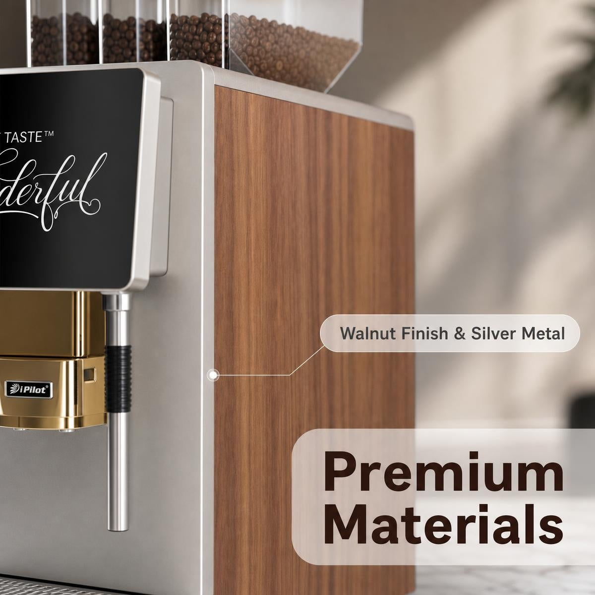 Triple 3 Bean Hopper Smart Commercial Fresh Grind Coffee Machine, Silver Metal Body with Walnut Wood Accent