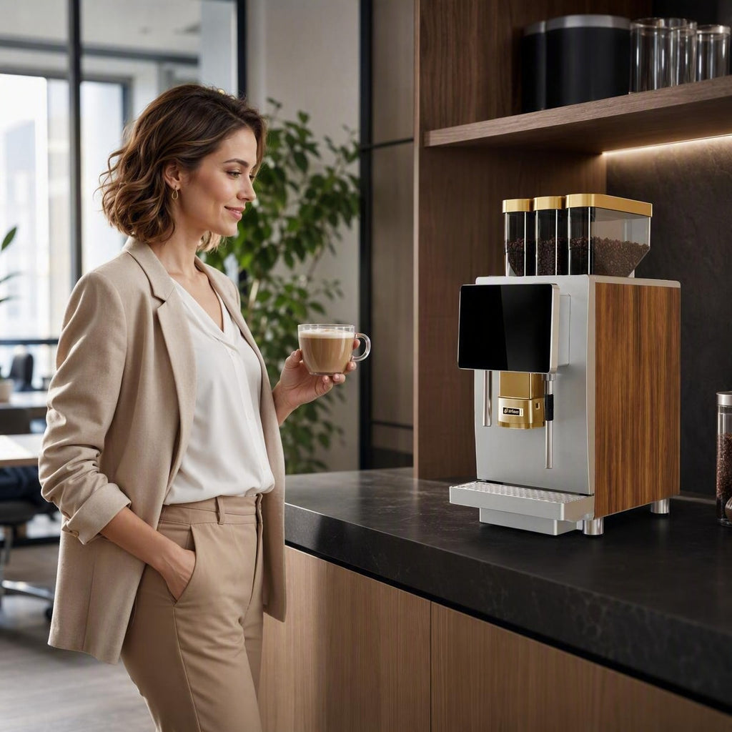 Triple 3 Bean Hopper Smart Commercial Fresh Grind Coffee Machine, Silver Metal Body with Walnut Wood Accent