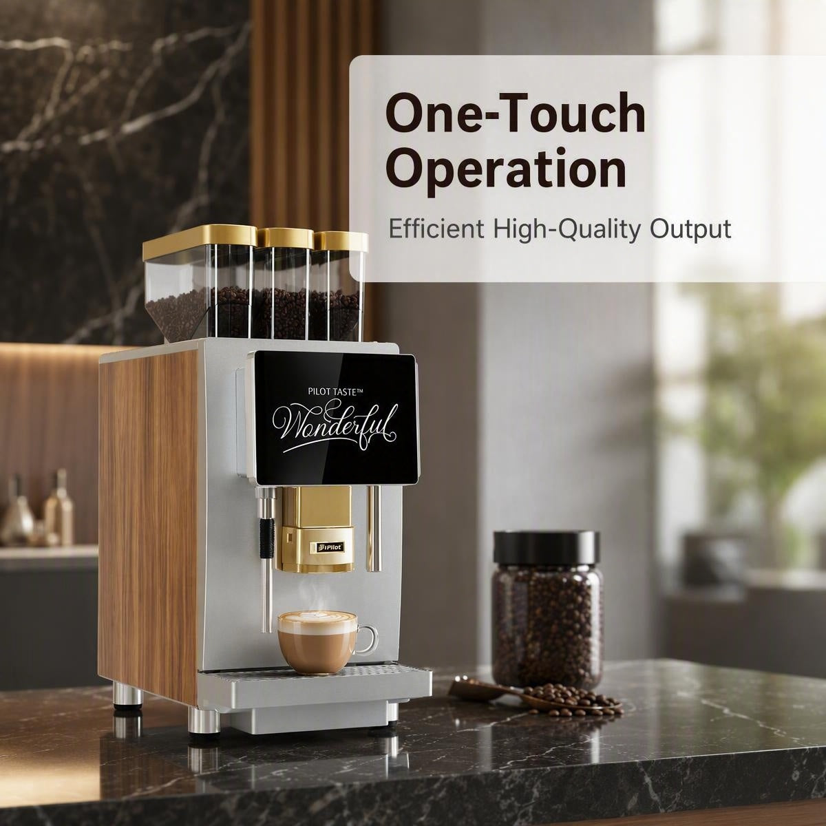 Triple 3 Bean Hopper Smart Commercial Fresh Grind Coffee Machine, Silver Metal Body with Walnut Wood Accent