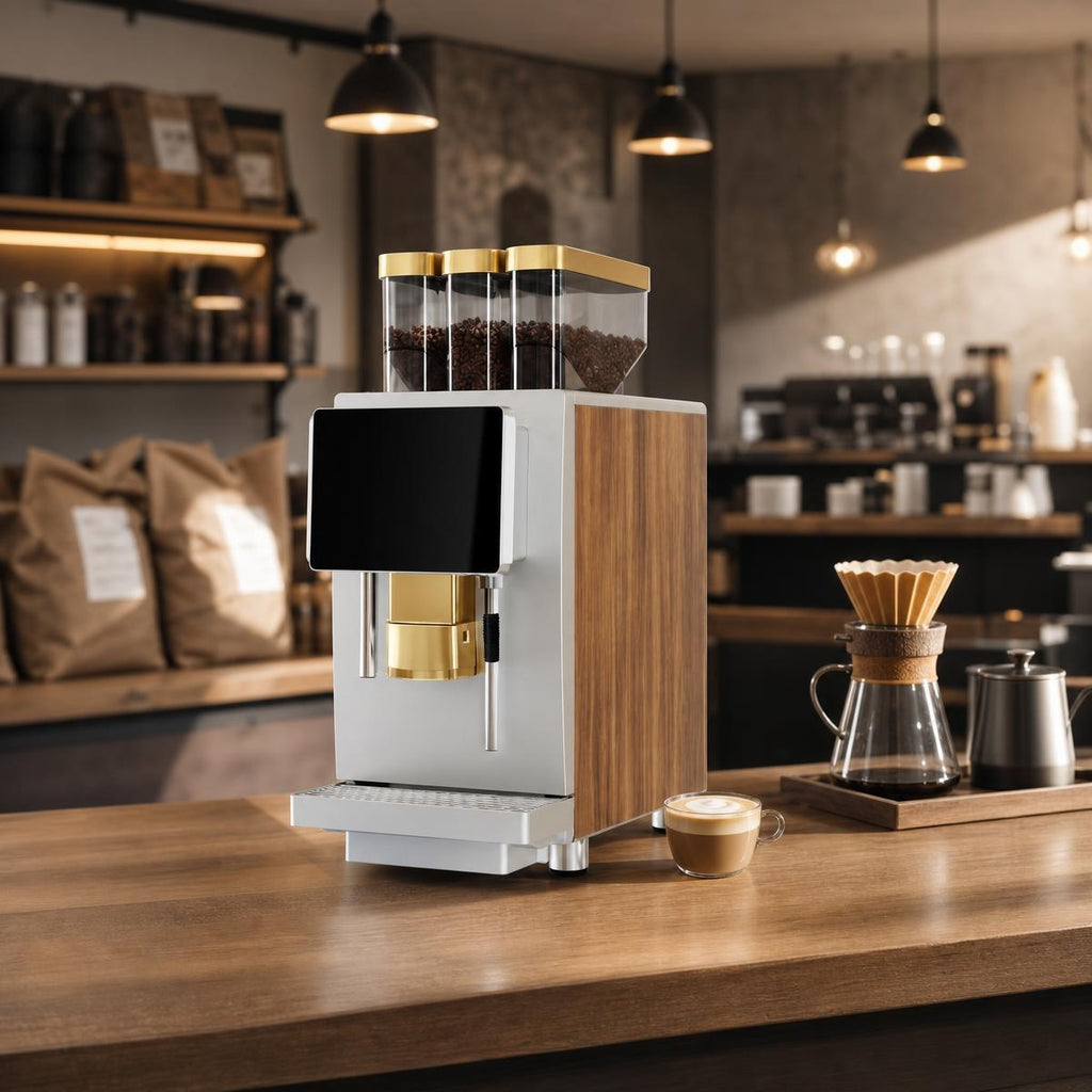 Triple 3 Bean Hopper Smart Commercial Fresh Grind Coffee Machine, Silver Metal Body with Walnut Wood Accent
