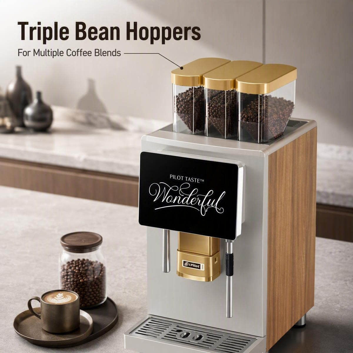 Triple 3 Bean Hopper Smart Commercial Fresh Grind Coffee Machine, Silver Metal Body with Walnut Wood Accent