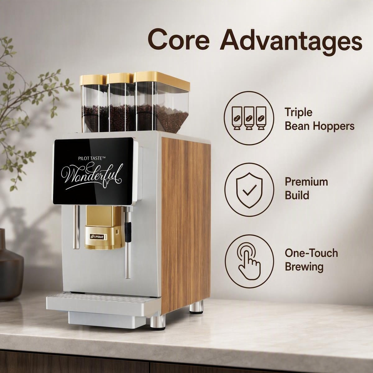 Triple 3 Bean Hopper Smart Commercial Fresh Grind Coffee Machine, Silver Metal Body with Walnut Wood Accent