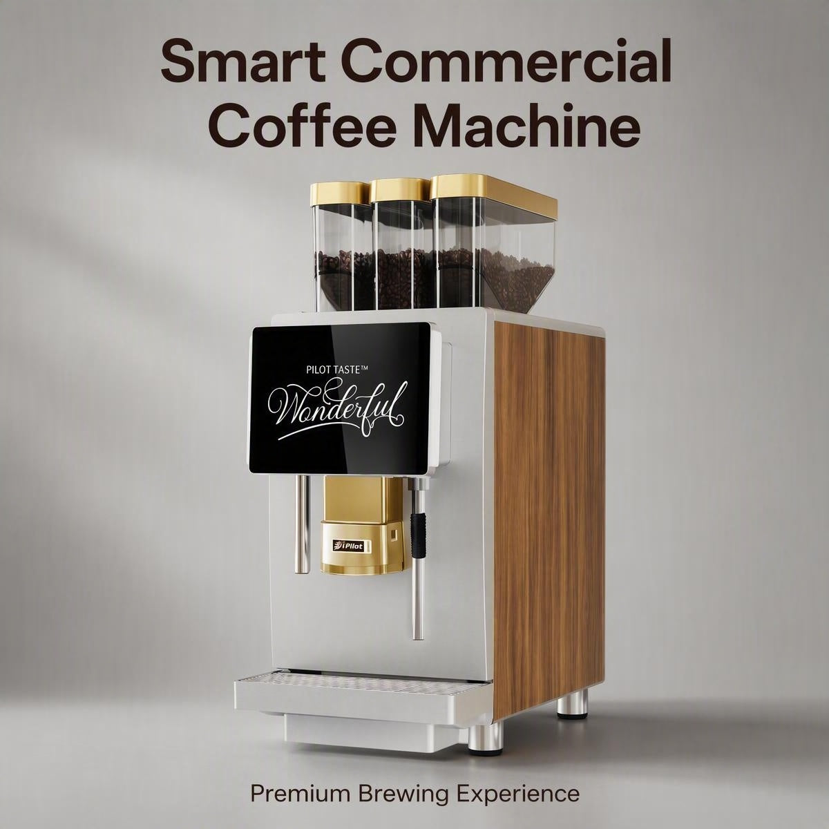 Triple 3 Bean Hopper Smart Commercial Fresh Grind Coffee Machine, Silver Metal Body with Walnut Wood Accent